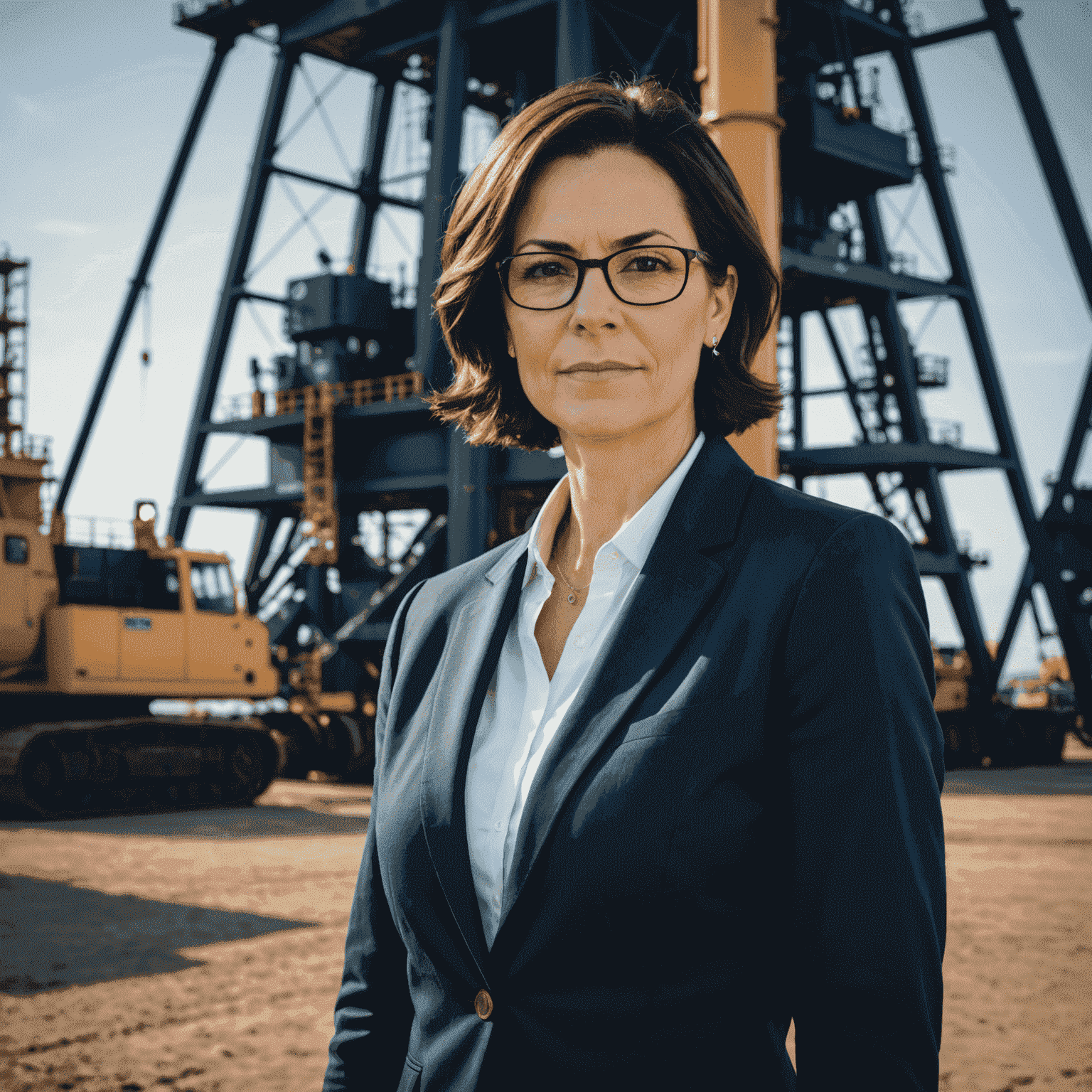 Portrait of Sarah Johnson, CEO of KingdomMarines. A confident woman in her 40s with short dark hair and glasses, wearing a navy blue blazer, standing in front of an oil rig.