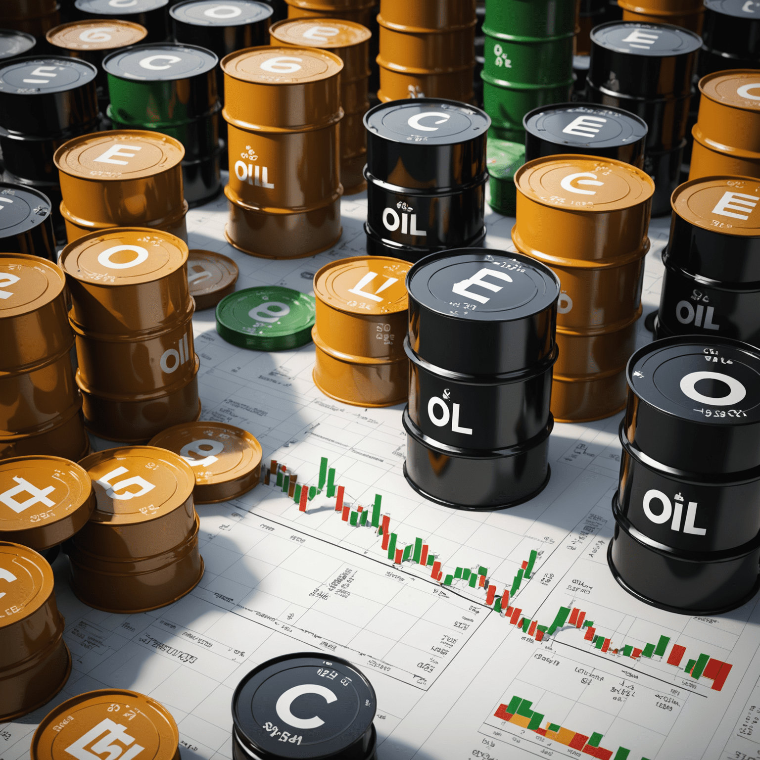 An infographic showing oil barrels, trading charts, and currency symbols, representing the basics of oil trading