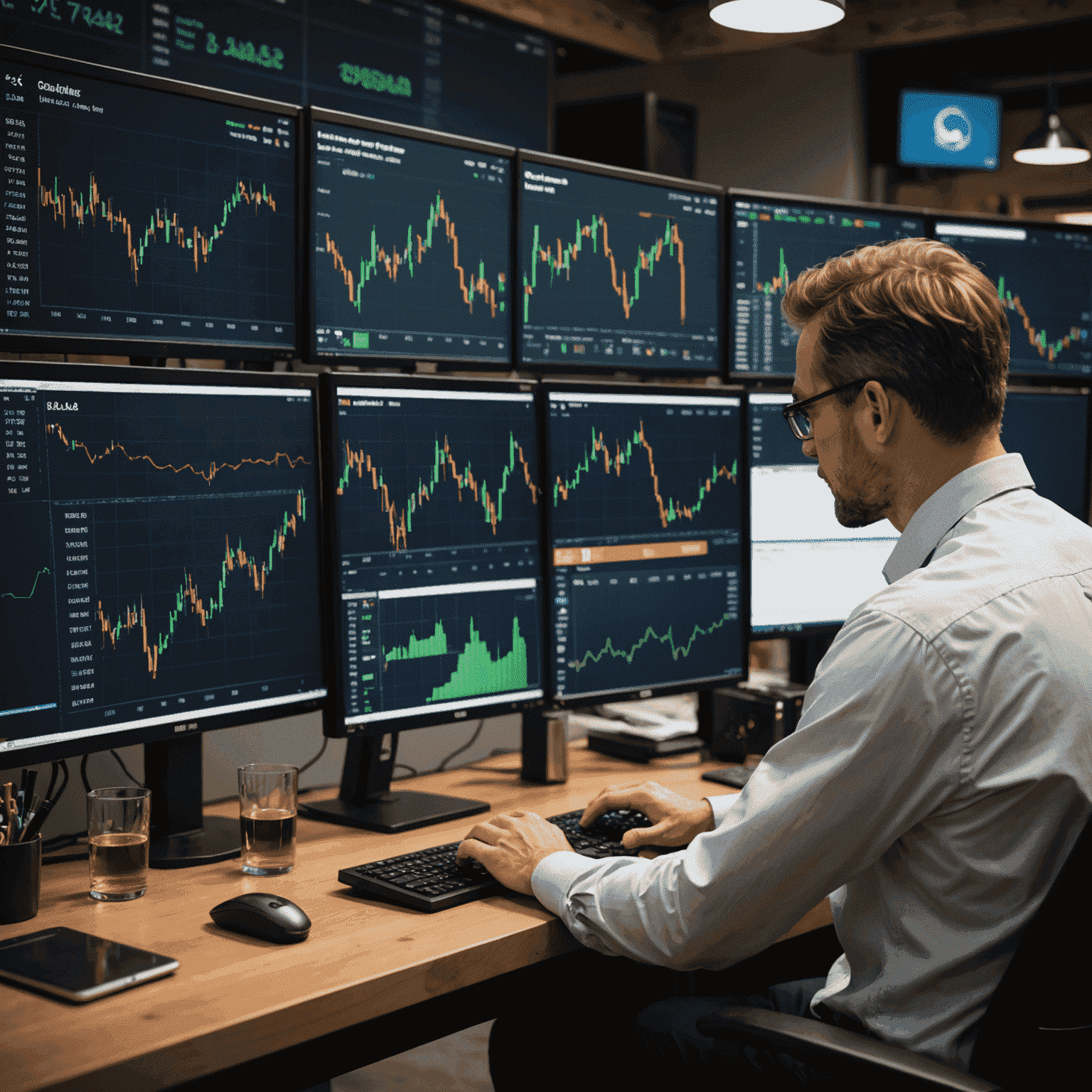 Illustration of oil barrels, trading charts, and a beginner trader looking at a computer screen