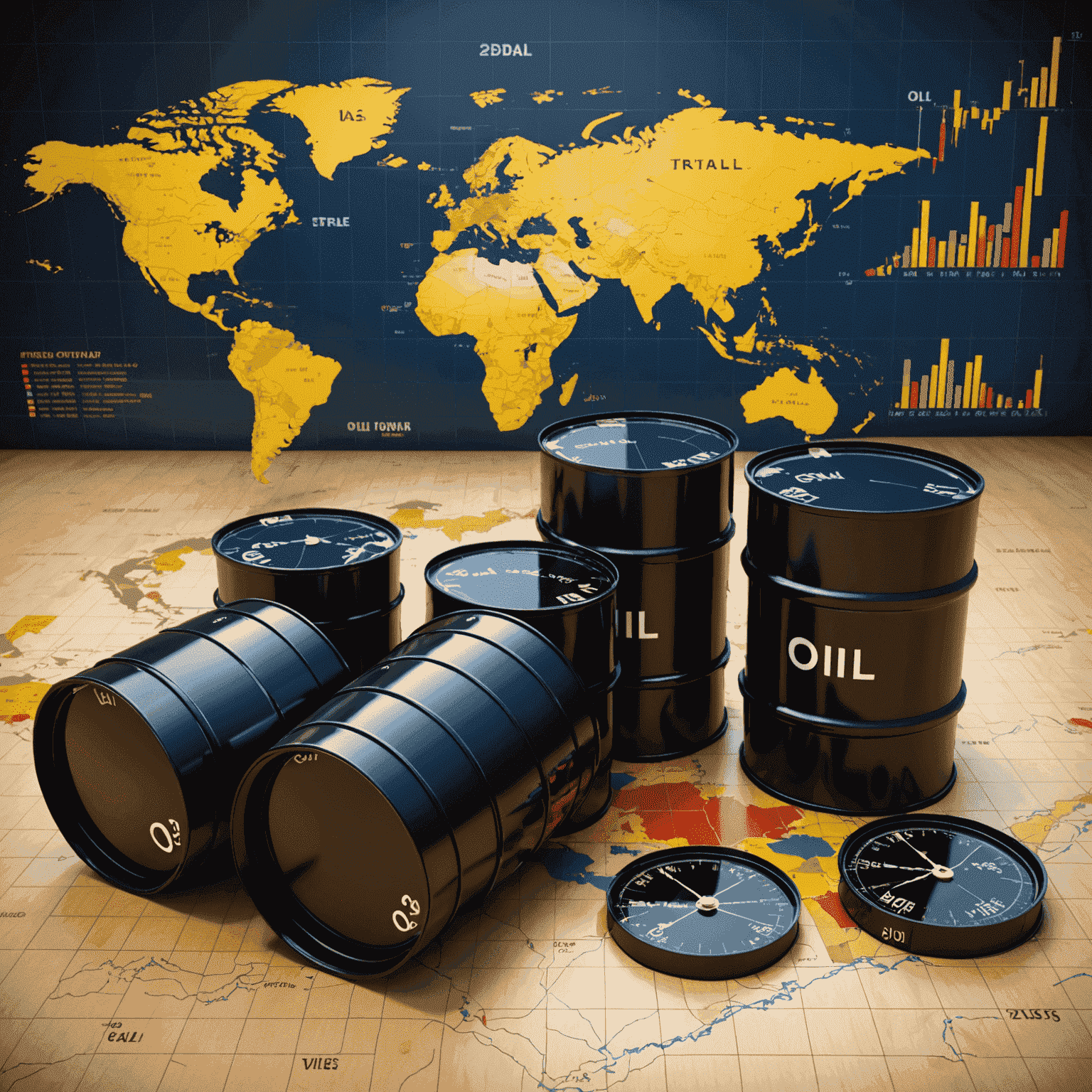 Oil trading concept image showing oil barrels, stock charts, and global map