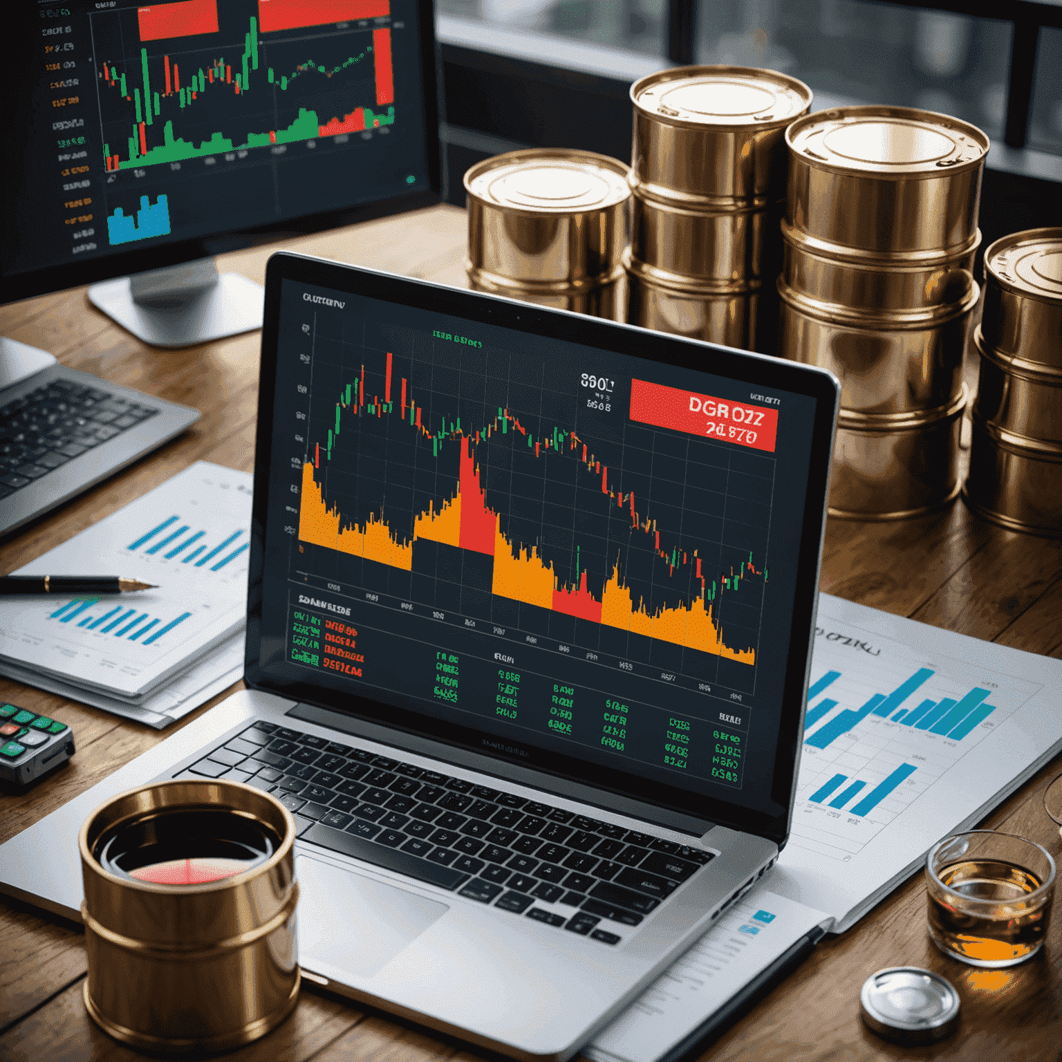 Oil trading risk management concept showing charts, graphs, and oil barrels on a digital display