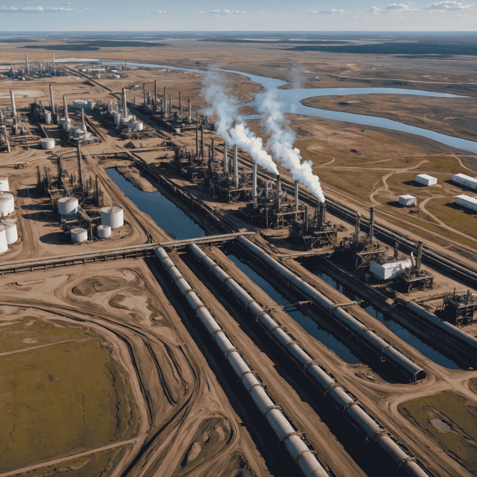 Aerial view of Canadian oil sands with extraction facilities and pipelines stretching across the landscape