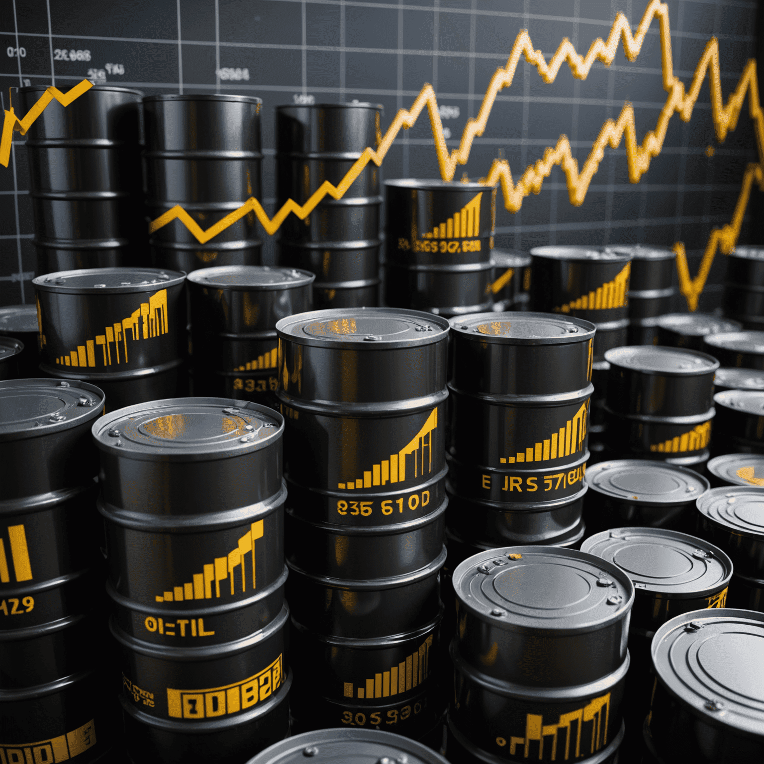 Oil trading chart showing upward trend with oil barrels in the background, symbolizing potential for passive income