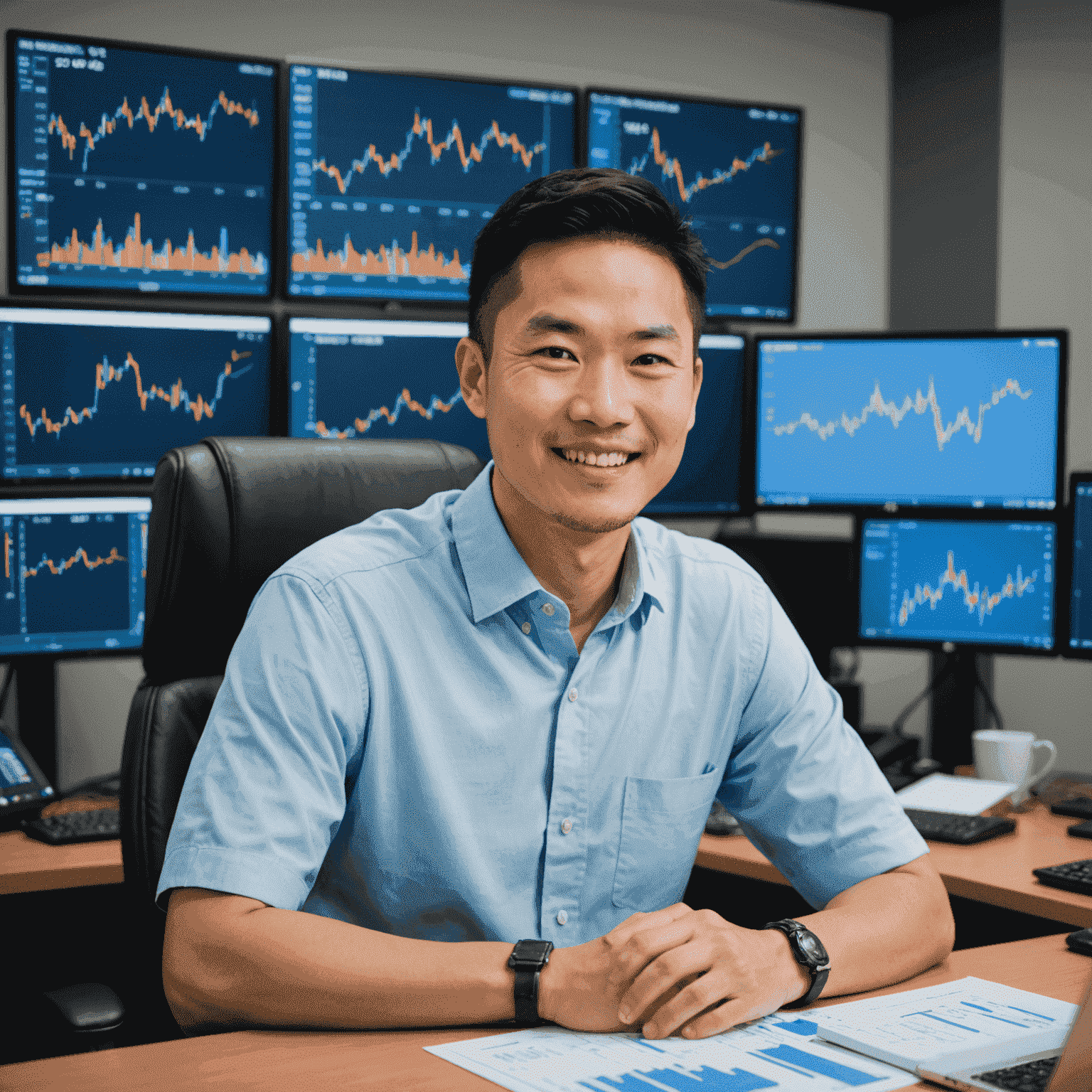 Portrait of Michael Chen, Head of Trading at KingdomMarines. An Asian man in his 30s with a friendly smile, wearing a light blue shirt, sitting at a desk with multiple computer screens showing oil price charts.