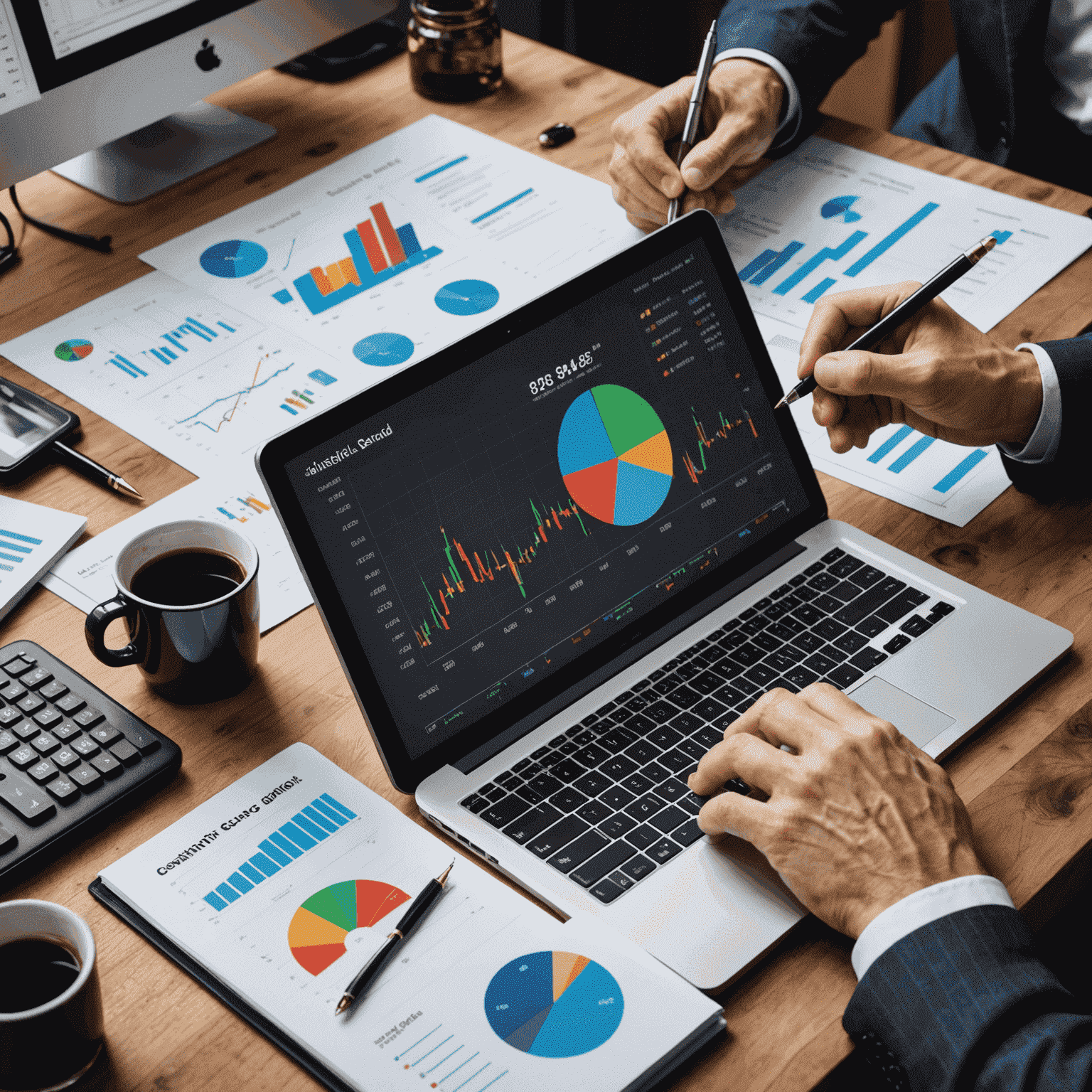 Collage of various oil market analysis tools, charts, and graphs with a trader analyzing data