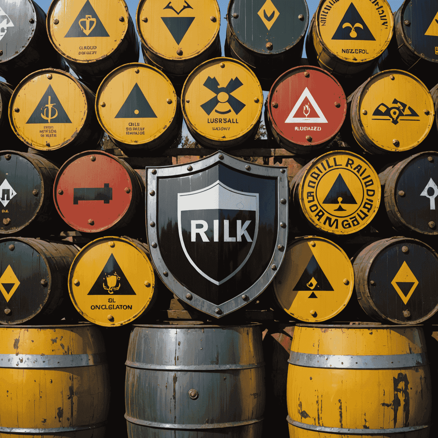 A conceptual image showing a shield protecting oil barrels from various hazard symbols, representing risk management in oil trading