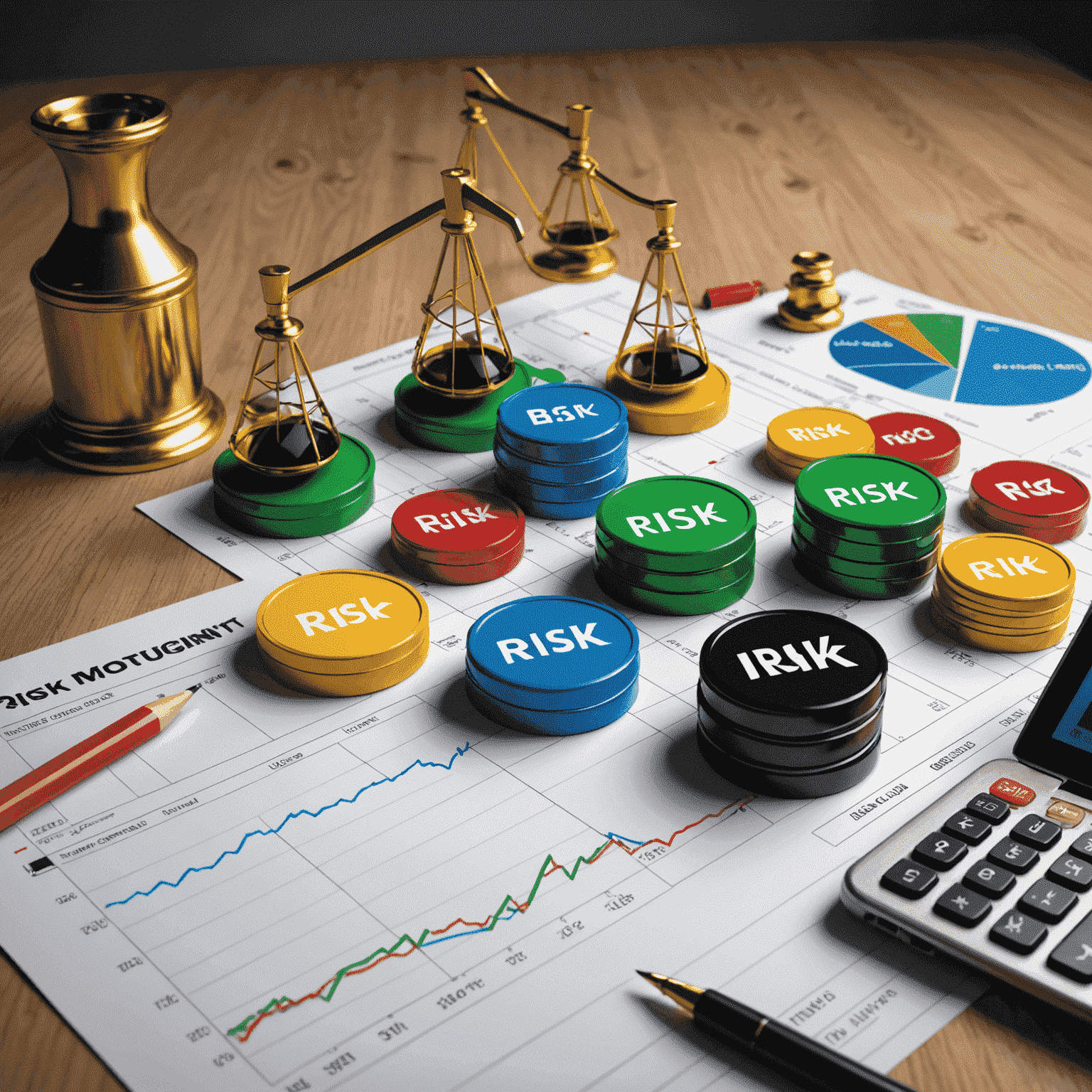 Visual representation of risk management strategies in oil trading, including hedging symbols and diversified portfolio