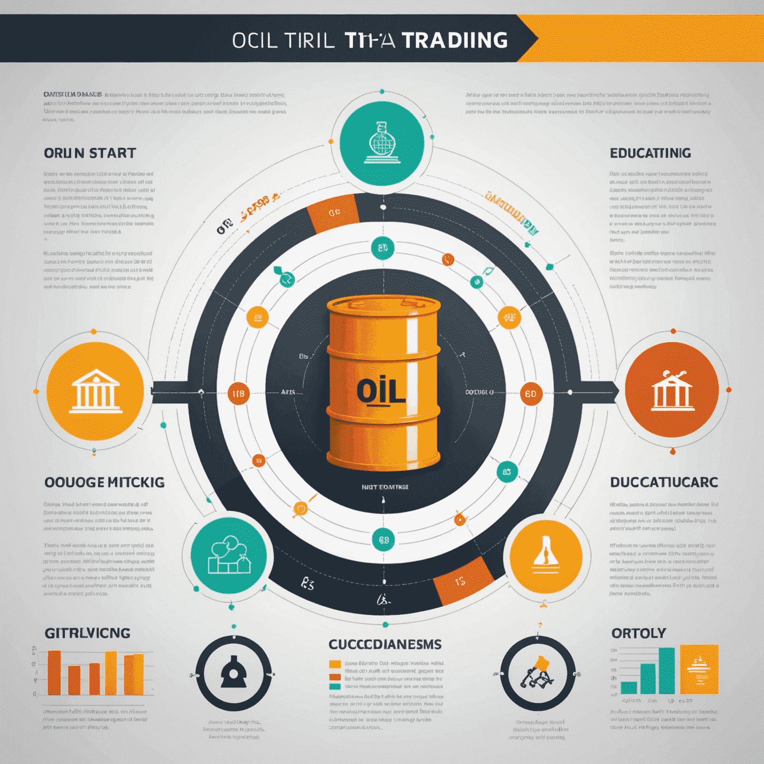 Infographic showing steps to start oil trading: education, practice, strategy development, market analysis, and execution