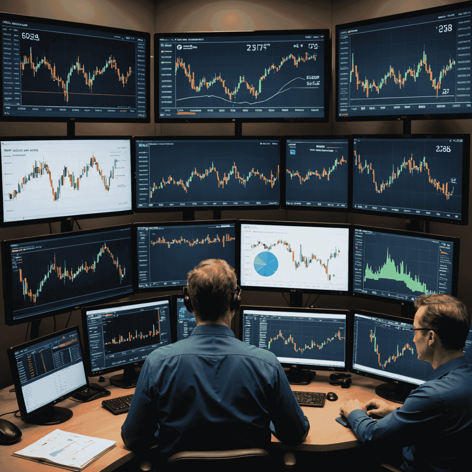 Collage of oil trading charts, Canadian oil company logos, and a trader analyzing market data on multiple screens