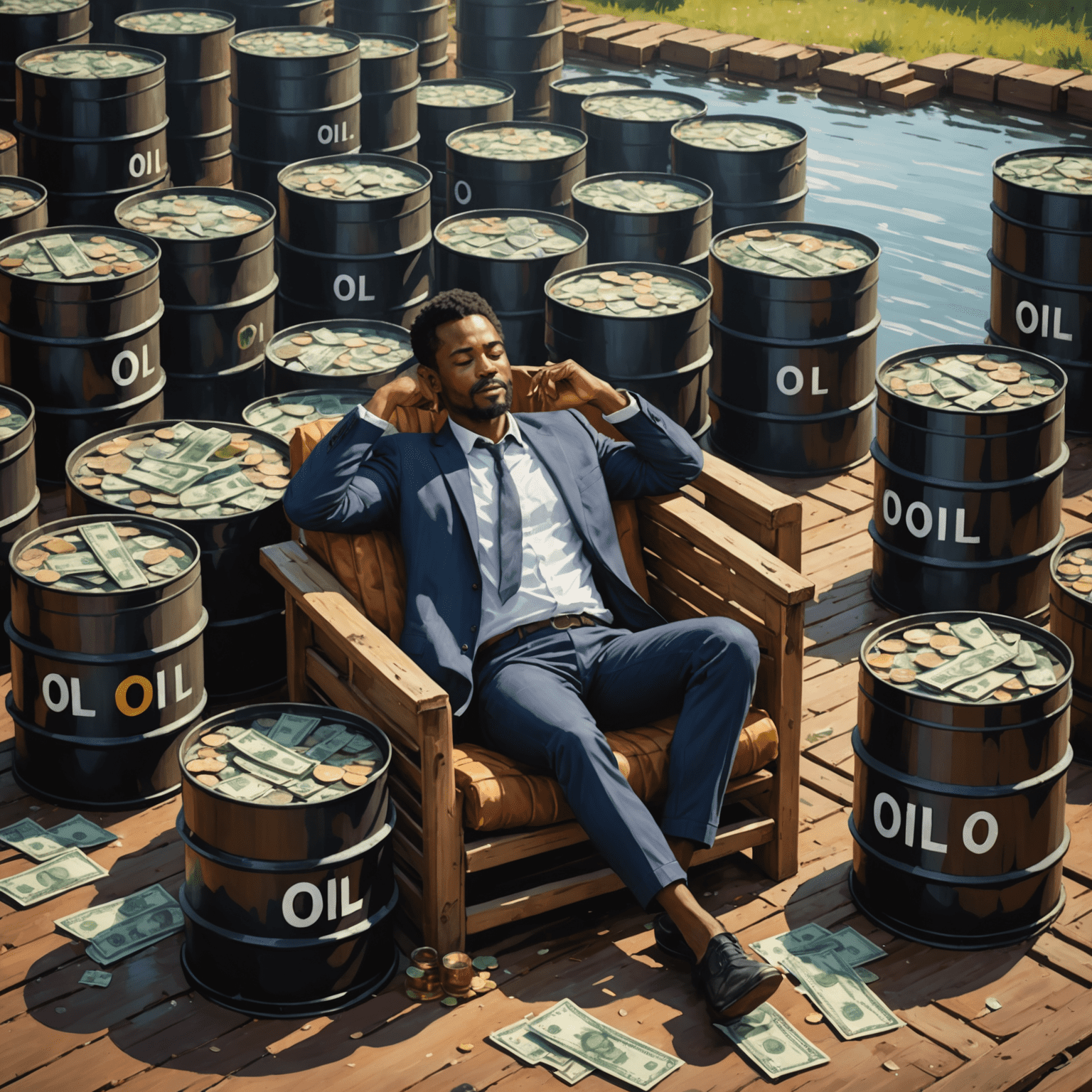 Illustration showing a person relaxing while money flows from oil barrels, representing passive income from oil trading